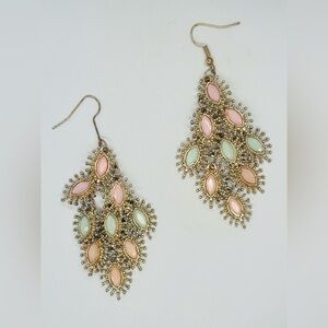 Gold Tone Pink Mint Green Statement Dangle Earrings Pierced Hook